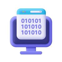 Computer webpage and binary code. Web development, information technology, programming and data encryption. 3d icon. Cartoon minimal style. vector