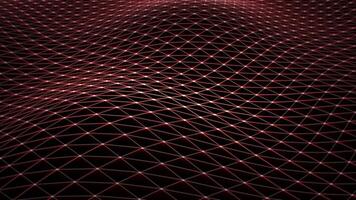 Looped background with abstract glowing field made of shiny golden lines. Bright waves on a technological grid, plexus of connected curves and dots floating on a surface. Seamless vj loop, 4k 60fps video