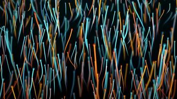 Surreal blue and orange curvy lines floating up on a dark background with soft glow and underwater effect. Abstract organic elements, worms and seaweed animation for art and deep relaxation. 4k 60fps video