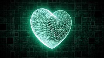 Heart shaped digital hologram with bright shiny rays on a vibrant curcuit pattern background. Virtual love screensaver, social network likes and internet dating technologies. Seamless vj loop 4k 60fps video
