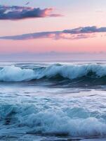 Colorful Dawn Harmonious Waves crashing on the Shore photo