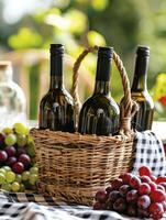 Traditional Italian Wine Display with Checkered Tablecloth and Grapes photo