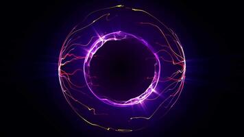 Abstract electric sphere with magnetic poles and liquid plasma flow on a shiny dark background. Seamless loop animation of bright energy ball made of floating orange and purple glow waves. 4k 60fps video