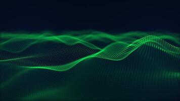 Looped background with green particle waves smoothly floating on a dark blue background with soft glow effect. Elegant waveform animation for technology and computer science. Seamless vj loop 4k 60fps video