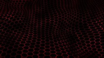 Illuminated red honeycomb field with glowing hexagon grid pattern floating on a dark background. Digital technology animation for computer science, programming and cyber space visualization. 4k 60 fps video