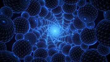 Swirly tunnel shape made of spinning 3D spheres with glow blue wireframe on a dark background. Flying through a plenty of abstract balls. Surreal vortex pattern animation with soft light. 4k 60fps video