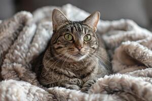 Elegant Tabby Cat with Striking Green Eyes photo
