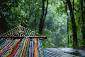 Rainy Day Retreat Swinging Hammock Under Tree Canopy photo