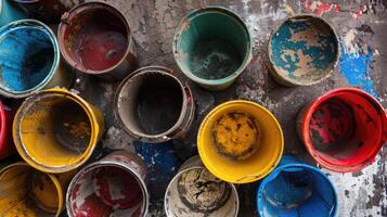 Colorful Array of Diverse Buckets Adorn Textured Surface photo