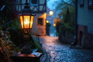 Soft Glow An Evening Scene on Cobblestone Path photo