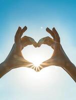 Hands Forming Heart Shape Against Bright Sky A Symbol of Love photo