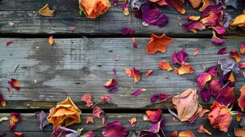 Wooden Table Adorned with Delicate Scattered Petals photo