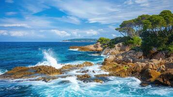 Rivieras Rocky Cliffs Waves Crashing Against Azure Skies photo