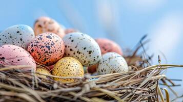 Beautiful Speckled Bird Eggs in Nest Against Blue Sky photo