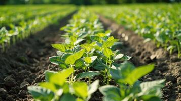 Symmetrical Rows of Fresh Green Soybean Plants in Agricultural Plot photo