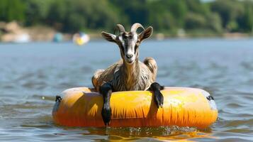 Goat on Inflatable Raft Summer Fun Afloat photo