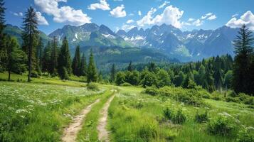 Scenic Trail Through Lush Valleys with Towering Tatra Mountains photo