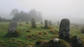 Mystical Mist Surrounds Ancient Celtic Stone Circle in Irelands Folklore photo