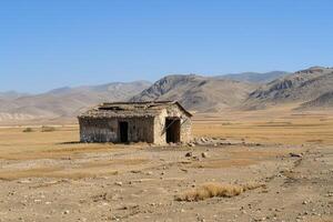 Lonely Abandoned Hut in the Quiet Desert Wasteland photo