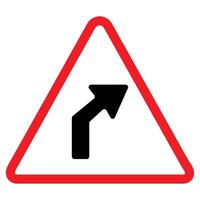 Right turn curve warning sign, red triangle, black arrow, traffic symbol. vector