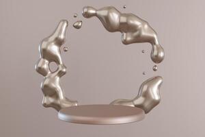 Metallic podium with liquid metal shapes on neutral, beige background. Mock up for product, cosmetic presentation. Pedestal or platform. Empty scene. Stage, display, showcase. Copy space. 3D render. photo