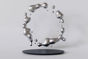 Metallic podium with liquid metal splash on gray background. Mock up for product, cosmetic presentation. Y2k, 2000s style. Pedestal or platform. Empty scene. Stage, display, showcase. Copy space. 3D. photo