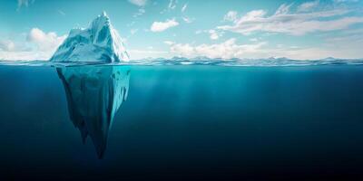 Iceberg concept, an iceberg floating in the ocean with half of it visible above and one big part under water. Blue sky background with copy space for text. Conceptual illustration about global warming photo