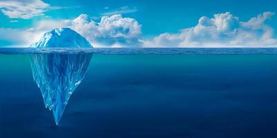 Iceberg concept, an iceberg floating in the ocean with half of it visible above and one big part under water. Blue sky background with copy space for text. Conceptual illustration about global warming photo
