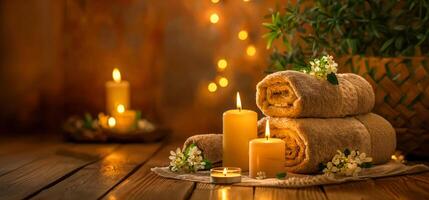 The composition of spa and wellness concept with brown towels, candles and sea salt on dark background with copy space for text. beautiful spa setting, spa elements, professional photo, studio light photo