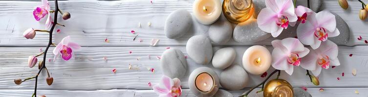 Gray Pebbles and Pink Orchid Flowers with Golden Candle Jars on White Wooden Table Top-View Banner with Clean Grey Background and Natural Light, Creating a Peaceful Atmosphere photo