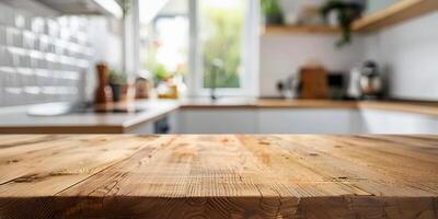 Empty wooden table top with a blurred kitchen background for product display presentation or montage composition on the wood counter in a modern home interior design of a blurry white kitchen mockup photo