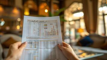 Close-up of Hands Holding Financial Data in a Luxurious Setting photo