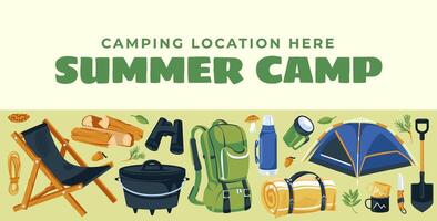 A set of objects for camping. Design with text. Tourism, active recreation, hiking and travel. flat illustration vector