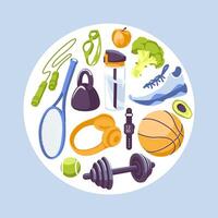 A set of objects for fitness and health. Lifestyle activity. Design with text. flat illustration vector