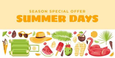 Set of summer vacation objects. Tropical beach resort vacation symbols. Design with text. flat illustration vector