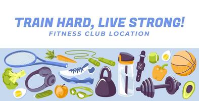 A set of objects for fitness and health. Lifestyle activity. Design with text. flat illustration vector