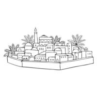 Middle east ancient city oasis with palm trees in desert line illustration. Outline ink simple sketch for Biblical Jerusalem for Jewish Torah history designs. Bethlehem drawing vector