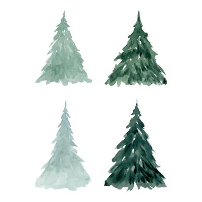 Fir trees sketches and silhouettes in simple style watercolor illustration set for Christmas and New Year designs