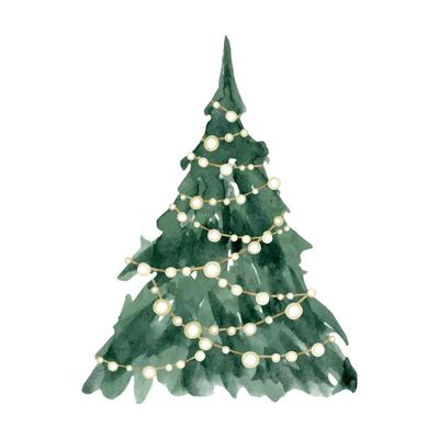 Christmas tree with shining garland lights watercolor sketch illustration for Happy New Year greeting cards