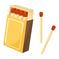 An open box of matches, with a large number of matches, next to two matches on a white background. Open matchbox. Wooden matches. vector
