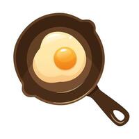 Camp scrambled eggs in a cast iron frying pan. One egg is fried in a frying pan, top view. Fried egg in a frying pan, cooking, breakfast, morning dish, illustration on a white background. vector