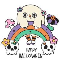 ghost with rainbow and skull and flower halloween groovy card vector