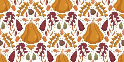 Seamless pattern featuring large butternut squash surrounded by various fall leaves, acorns, and berries. Warm autumn colors like orange, brown, and burgundy. Festive and cozy seasonal pattern vector
