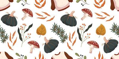 Autumn seamless pattern whimsical elements such as red and white mushrooms fly agaric, dark green pumpkins, fall leaves, and various berries and foliage. The warm, earthy color palette. vector
