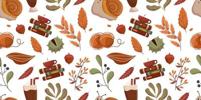 Autumn themed seamless pattern showcasing cozy elements such as books, cups of hot beverages, knitting supplies, and various fall leaves and acorns. Fall mood textile print vector