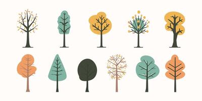 Tree collection hand drawn flat design element. botanical set of bare trees and ones with leaves and lush limited pastel color vector