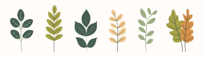 Tree collection hand drawn flat design element. botanical set of bare trees and ones with leaves and lush limited pastel color vector