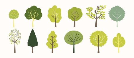 Tree collection hand drawn flat design element. botanical set of bare trees and ones with leaves and lush limited pastel color vector