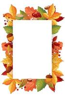 Hello Autumn. Autumn frame rectangular, with leaves and mushrooms on white background. vector