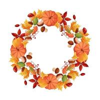 Autumn frame in circle shape on white isolated background. Leaves, pumpkins, mushrooms and berries. vector